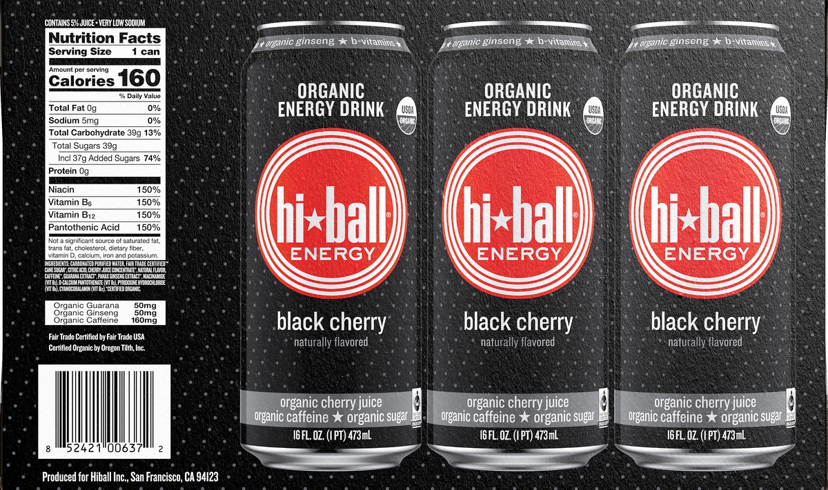 slide 2 of 10, Hiball Energy Black Cherry Organic Energy Drink 8-16 fl. oz. Cans, 128 fl oz