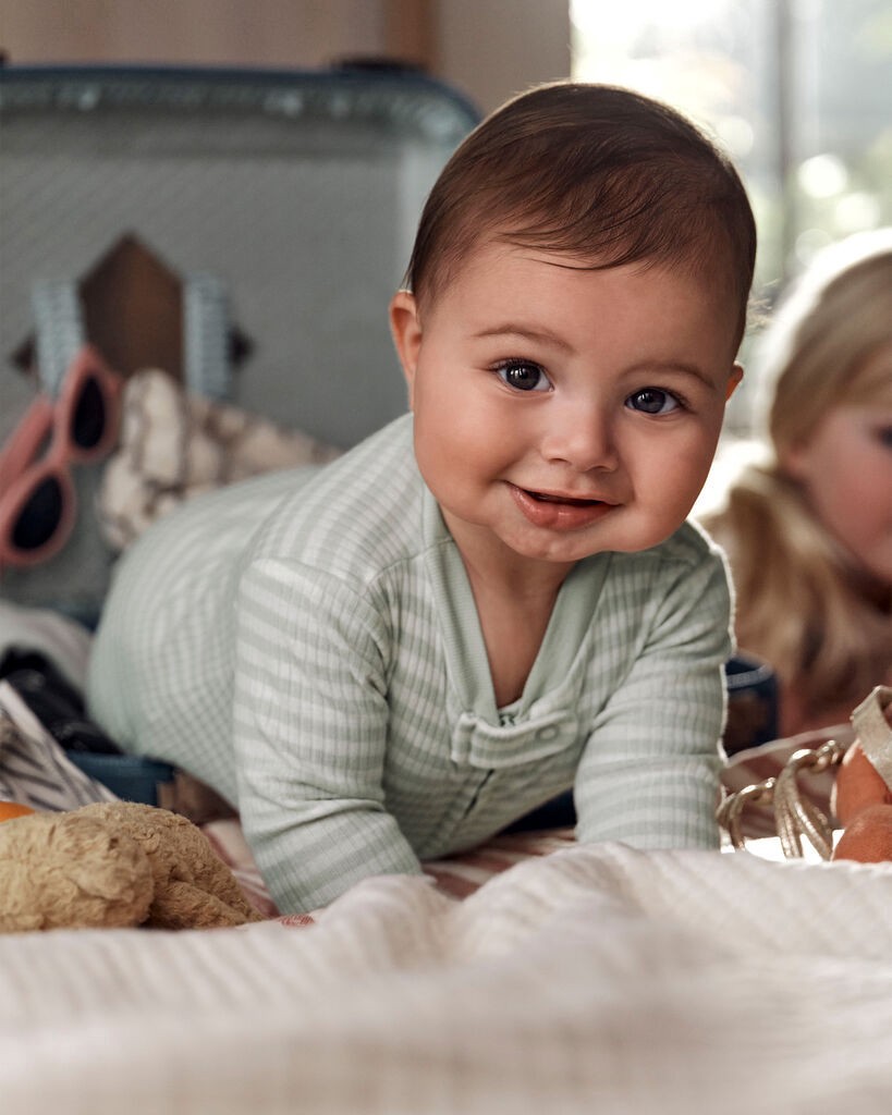 slide 2 of 3, Carter's Carters Baby Striped 2-Way Zip Ribbed Sleep & Play Pajamas - Green/White Green/White PRE, 1 ct