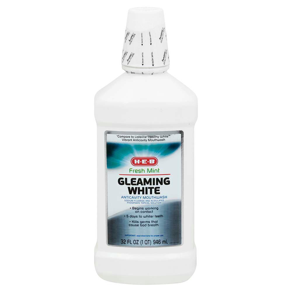 slide 1 of 1, H-E-B Gleaming White Anti Cavity Mouthrinse Fresh Mint, 32 oz