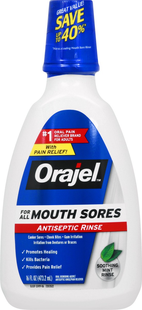 slide 6 of 9, Orajel Antiseptic Mouth Sore Rinse- 16 oz -Kills Bacteria- For Canker Sores & Gum Irritation – Mint Flavor, 16 fl oz