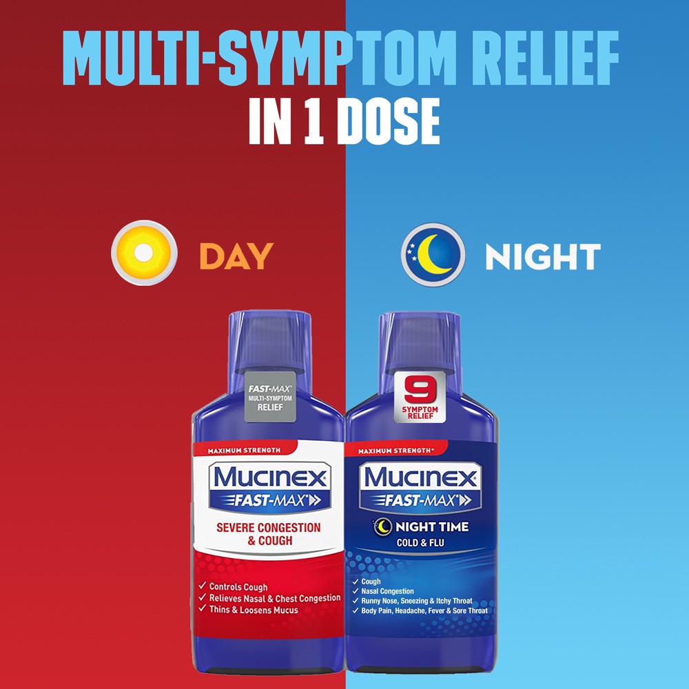 slide 4 of 5, Mucinex FAST-MAX Adult Liquid Day Night Severe Congestion and Cough, Cold and Flubottles, 12 oz