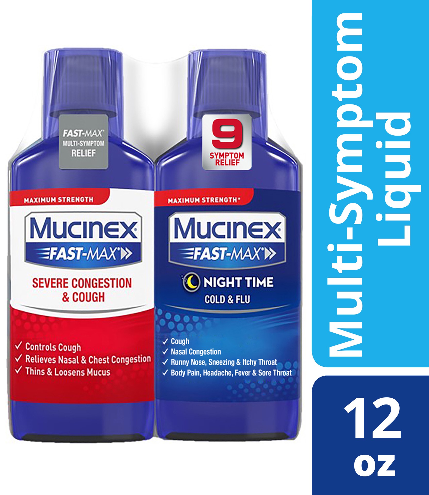 slide 1 of 5, Mucinex FAST-MAX Adult Liquid Day Night Severe Congestion and Cough, Cold and Flubottles, 12 oz