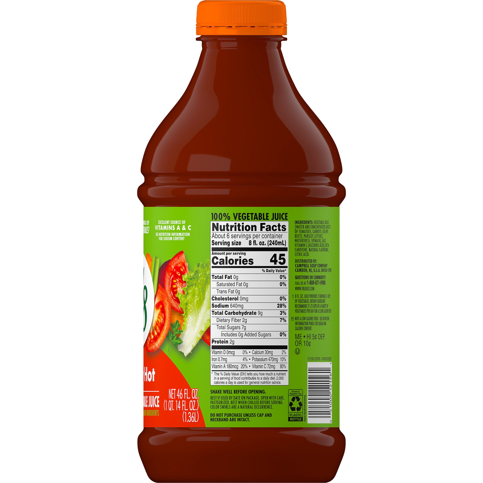 slide 5 of 5, V8 Spicy Hot 100% Vegetable Juice, 46 fl oz Bottle, 46 oz