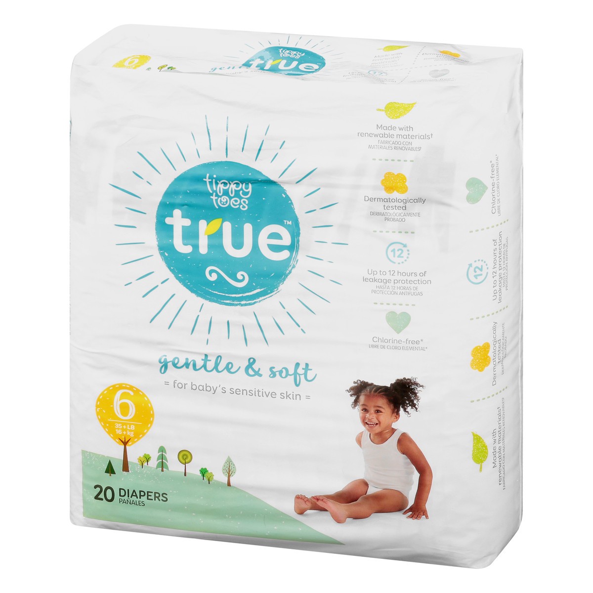 slide 13 of 13, Tippy Toes True 6 (35 + Lb) Diapers 20 ea, 20 ct