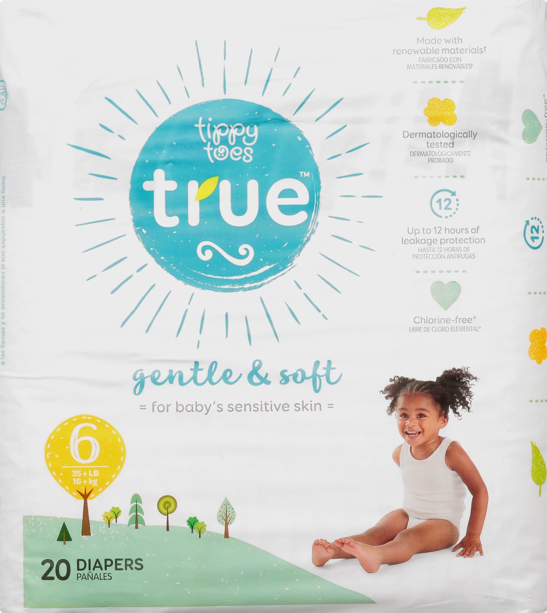 slide 5 of 13, Tippy Toes True 6 (35 + Lb) Diapers 20 ea, 20 ct
