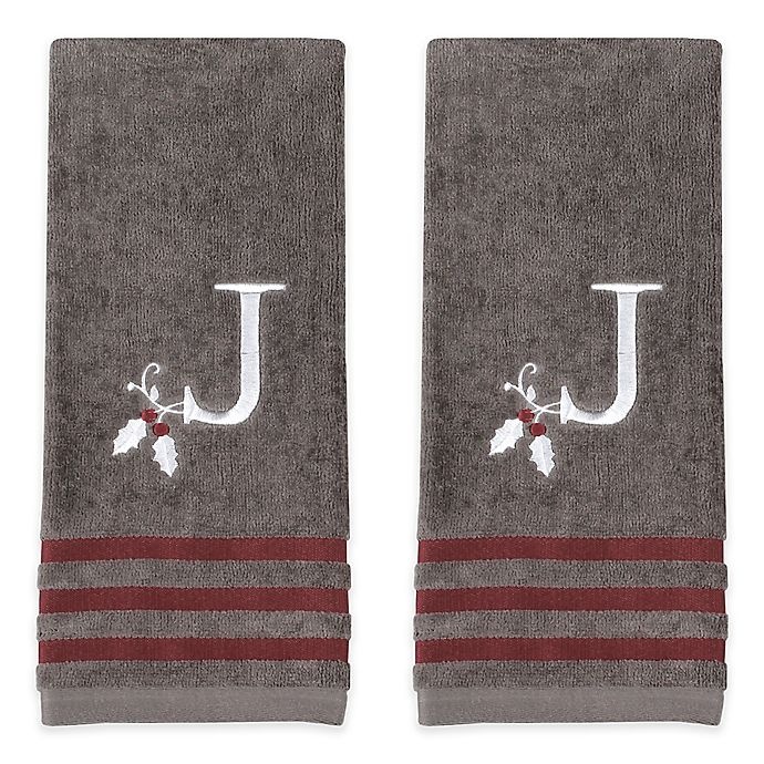 slide 1 of 2, Winter Wonderland Holly Monogrammed Letter J'' Hand Towel - Grey'', 2 ct