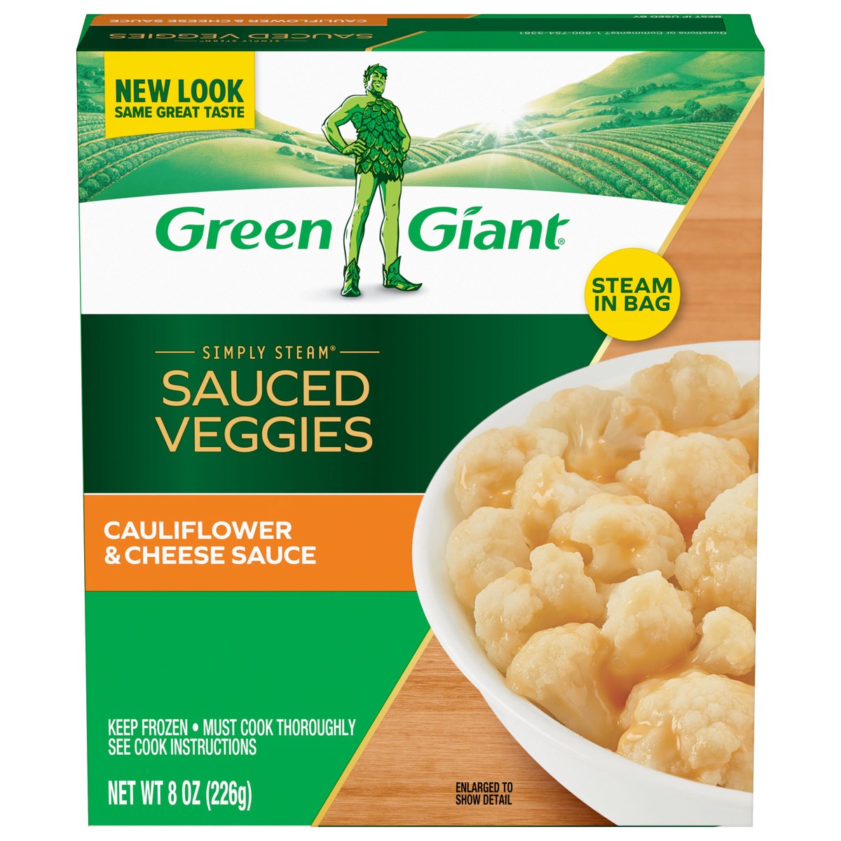slide 1 of 9, Green Giant Simply Steam Sauced Veggies, Cauliflower & Cheese Sauce, 8 oz (Frozen), 8 oz