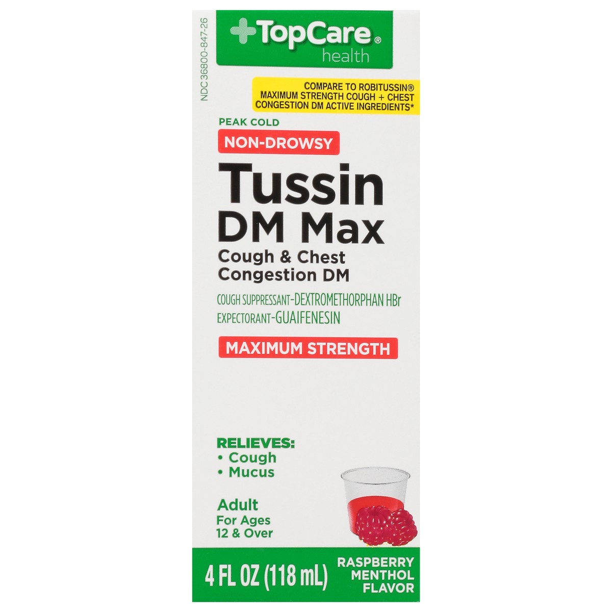 slide 6 of 15, TopCare Health Non-Drowsy Maximum Strength Raspberry Menthol Flavor Tussin DM Max 4 fl oz, 4 fl oz