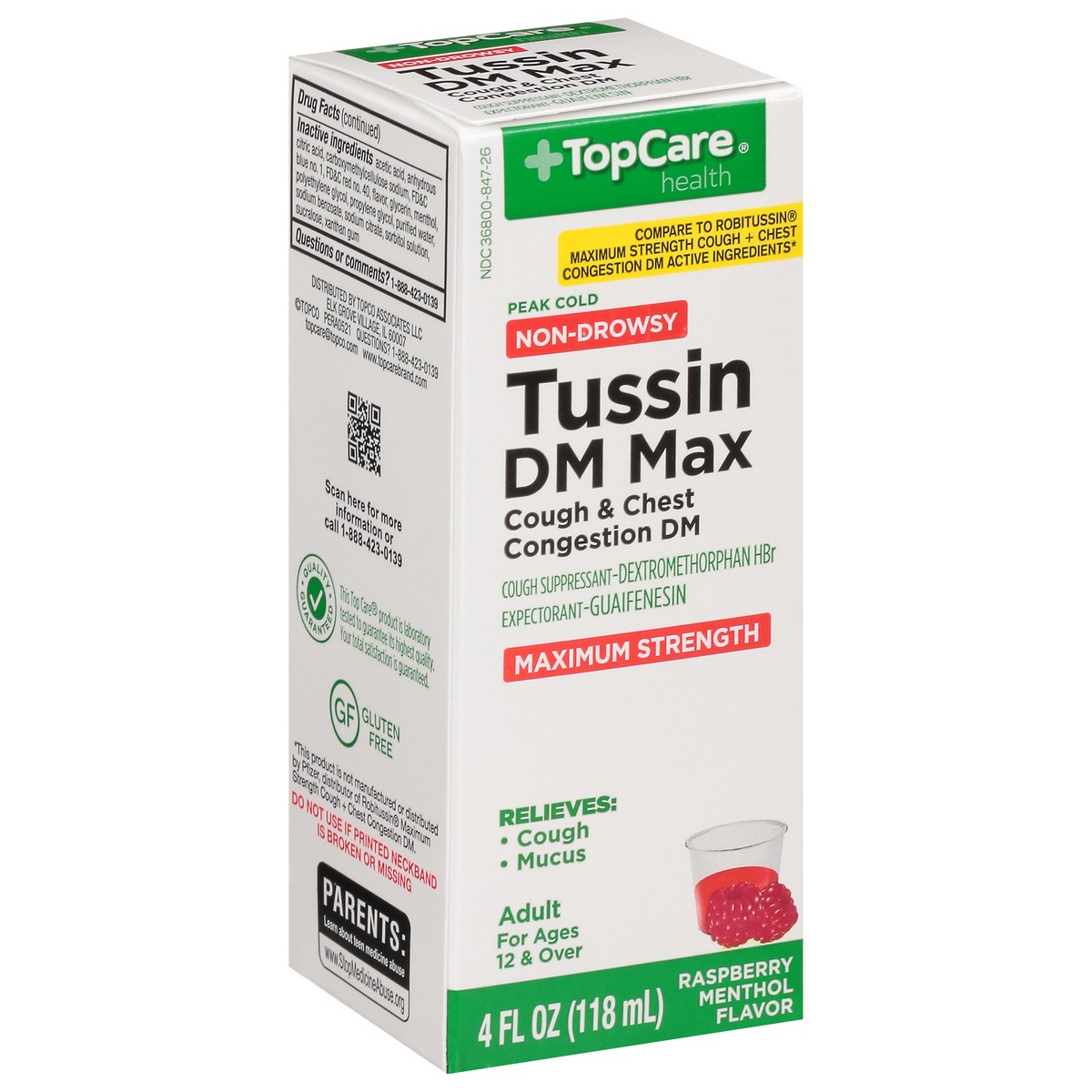 slide 7 of 15, TopCare Health Non-Drowsy Maximum Strength Raspberry Menthol Flavor Tussin DM Max 4 fl oz, 4 fl oz