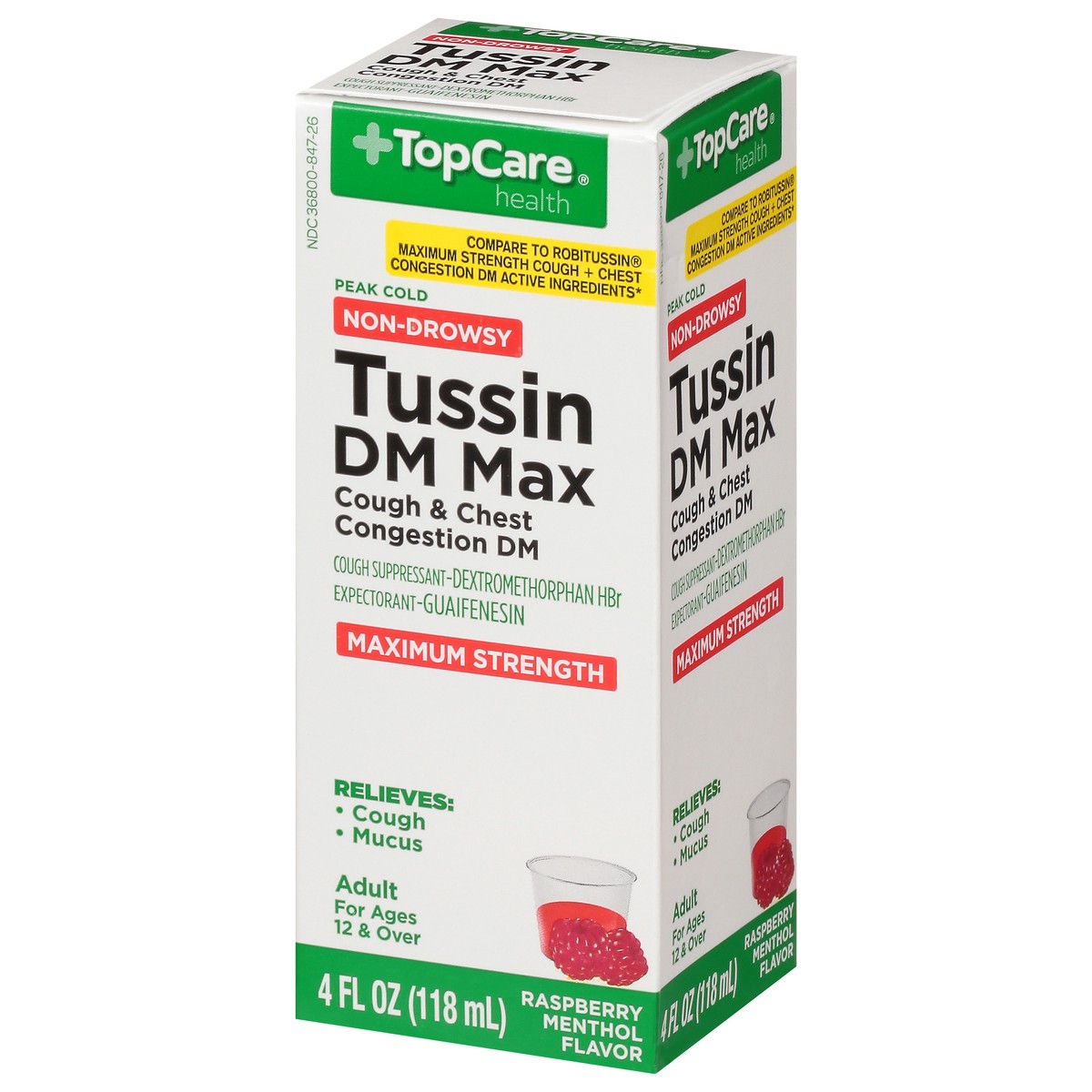 slide 8 of 15, TopCare Health Non-Drowsy Maximum Strength Raspberry Menthol Flavor Tussin DM Max 4 fl oz, 4 fl oz