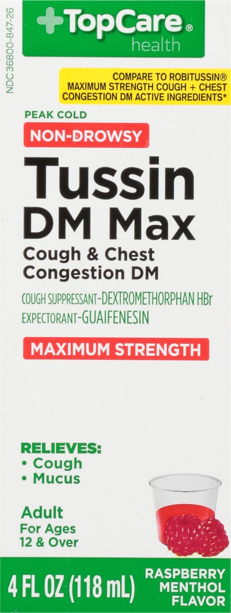 slide 2 of 15, TopCare Health Non-Drowsy Maximum Strength Raspberry Menthol Flavor Tussin DM Max 4 fl oz, 4 fl oz