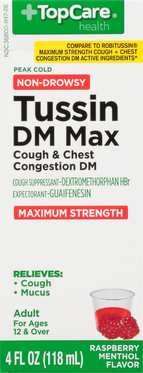 slide 12 of 15, TopCare Health Non-Drowsy Maximum Strength Raspberry Menthol Flavor Tussin DM Max 4 fl oz, 4 fl oz