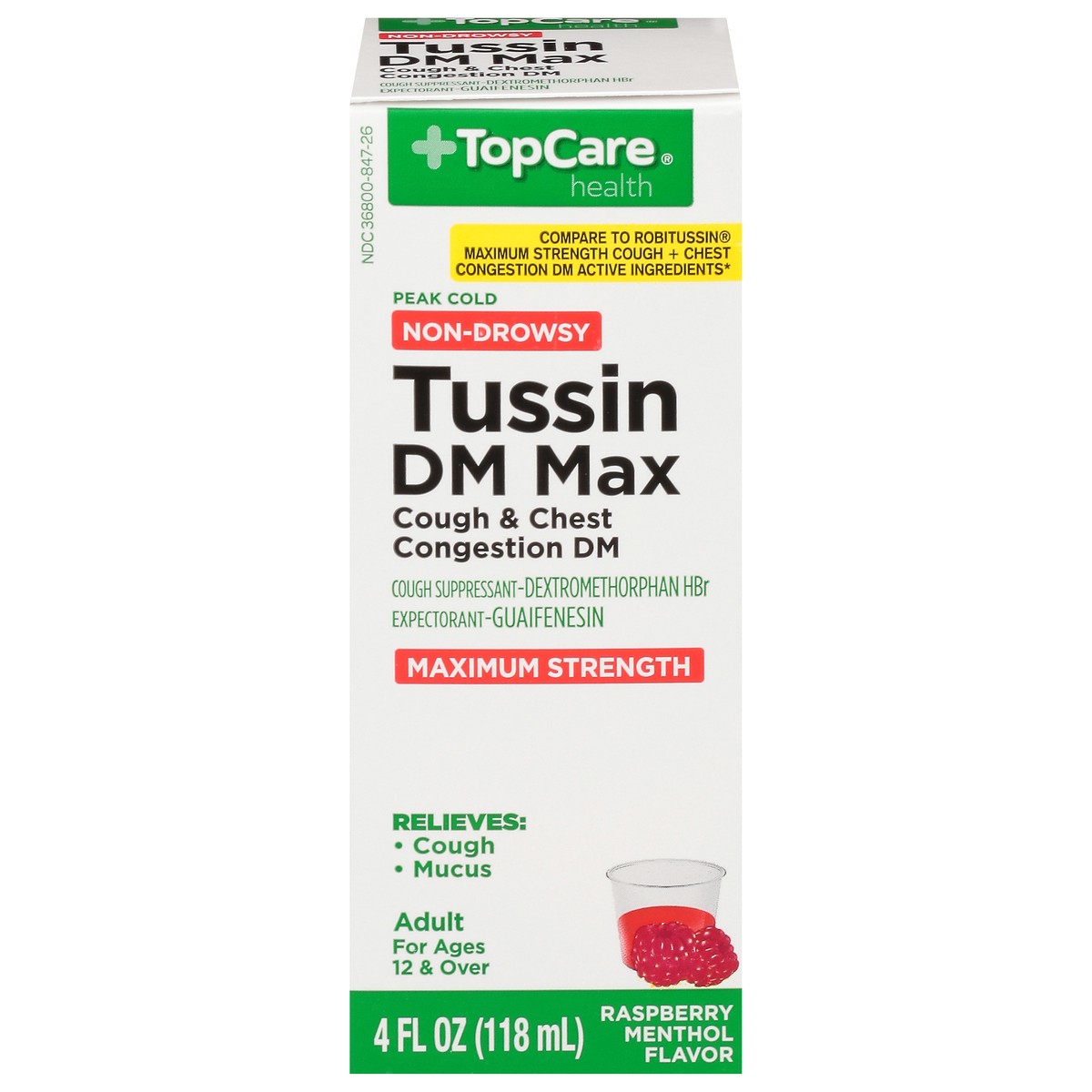 slide 1 of 15, TopCare Health Non-Drowsy Maximum Strength Raspberry Menthol Flavor Tussin DM Max 4 fl oz, 4 fl oz