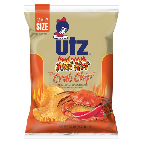 slide 1 of 1, Utz Potato Chips Red Hot Crab Chip Family Size, 8.5 oz