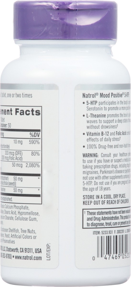 slide 5 of 9, Natrol Mood Positive 5-HTP 50mg With L-Theanine, Vitamin B6, Vitamin B12 and Folate, Dietary Supplement Helps Support a Positive Mood, 50 Tablets, 25-50 Day Supply, 50 ct