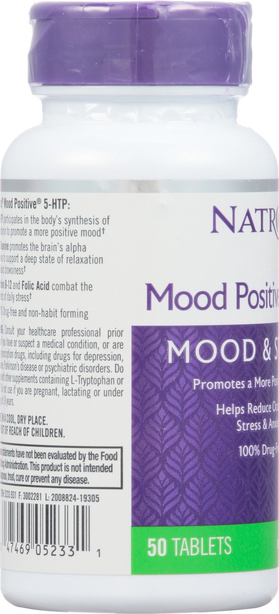 slide 8 of 9, Natrol Mood Positive 5-HTP 50mg With L-Theanine, Vitamin B6, Vitamin B12 and Folate, Dietary Supplement Helps Support a Positive Mood, 50 Tablets, 25-50 Day Supply, 50 ct