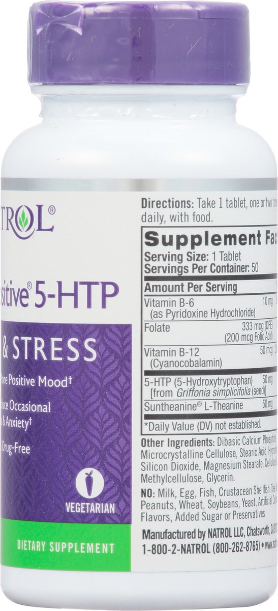 slide 7 of 9, Natrol Mood Positive 5-HTP 50mg With L-Theanine, Vitamin B6, Vitamin B12 and Folate, Dietary Supplement Helps Support a Positive Mood, 50 Tablets, 25-50 Day Supply, 50 ct