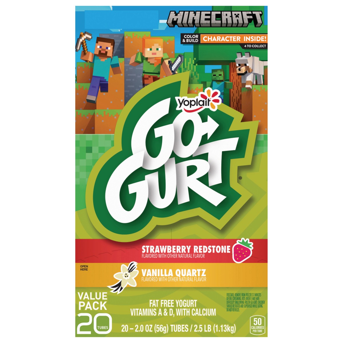 slide 1 of 9, Go-GURT Minecraft Strawberry Redstone and Vanilla Quartz Kids Fat Free Yogurt Variety Pack, Gluten Free, 2 oz Yogurt Tubes (20 Count), 20 ct