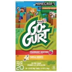 Go-GURT Minecraft Strawberry Redstone and Vanilla Quartz Kids Fat Free Yogurt Variety Pack, Gluten Free, 2 oz Yogurt Tubes (20 Count)