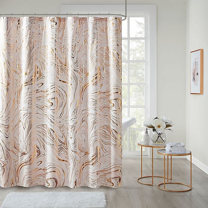 slide 1 of 4, Intelligent Design Rebecca Printed Marble Metallic Shower Curtain - Blush/Gold, 1 ct