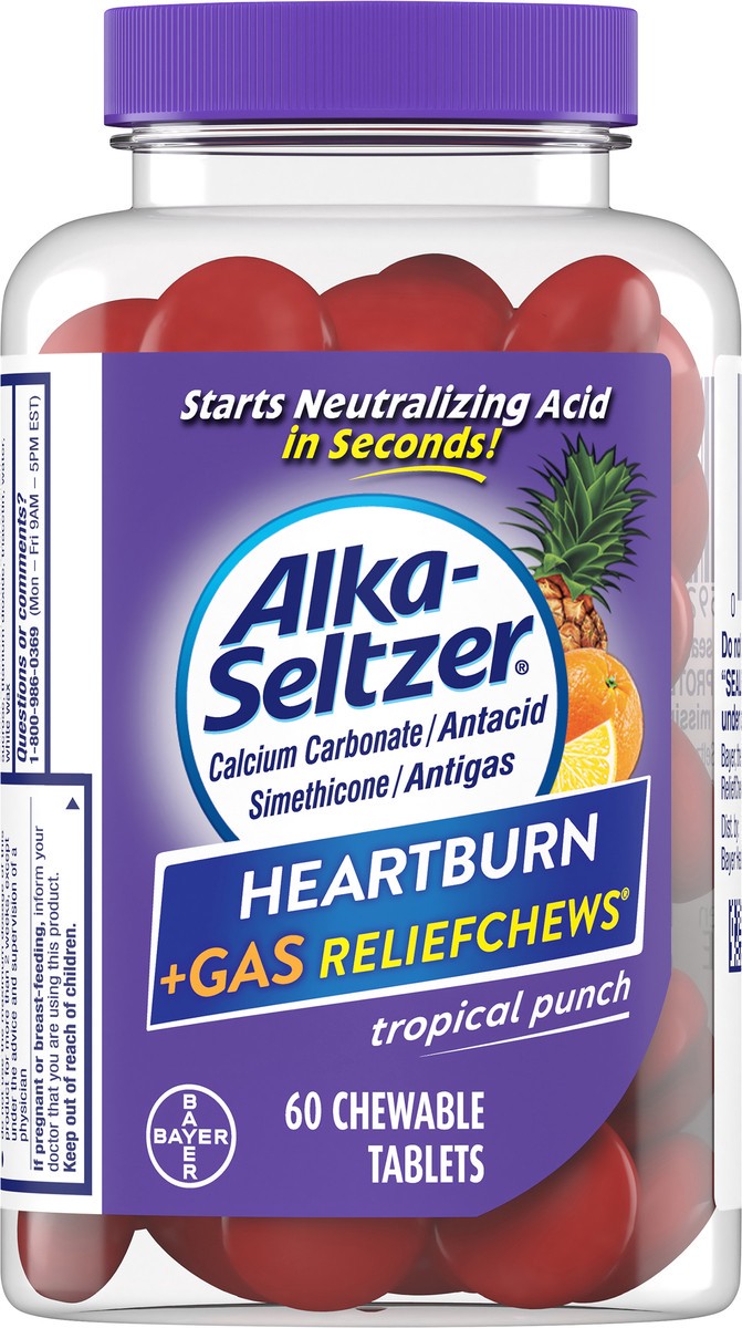 slide 8 of 11, Alka-Seltzer Heartburn + Gas Reliefchews Tropical Punch Chewable Tablets 60 ea Bottle, 60 ct