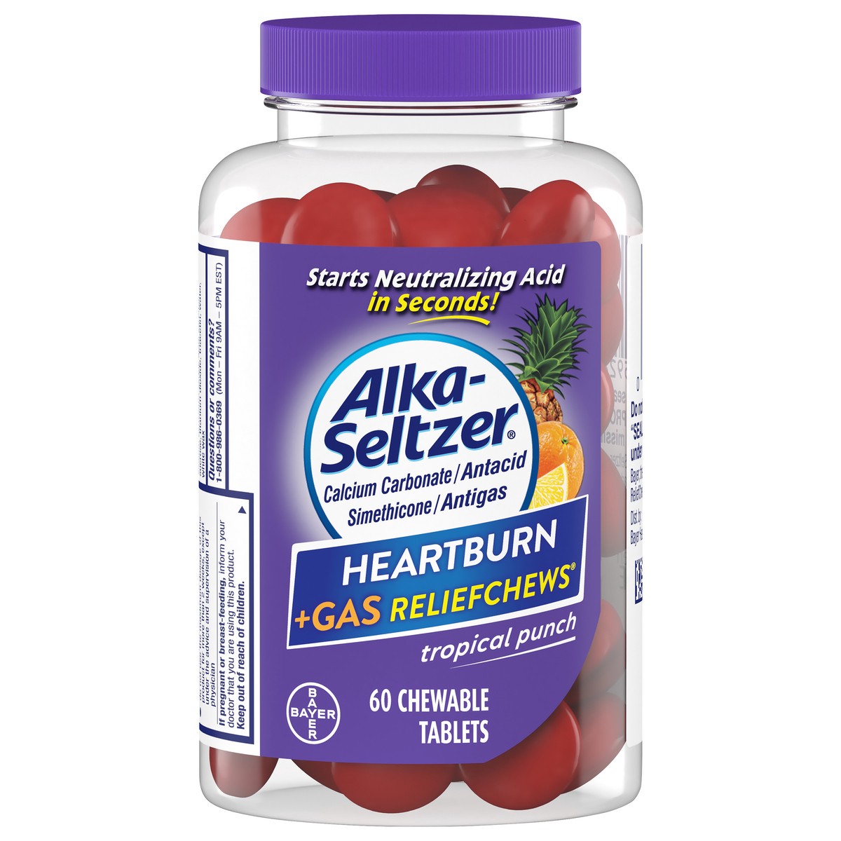 slide 9 of 11, Alka-Seltzer Heartburn + Gas Reliefchews Tropical Punch Chewable Tablets 60 ea Bottle, 60 ct
