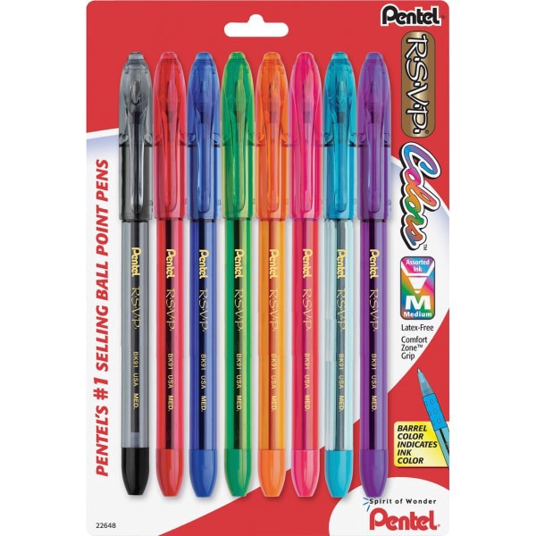 slide 2 of 3, Pentel R.S.V.P. Ballpoint Stick Pen, Assorted Ink, Medium, 8 per Set, 8 ct
