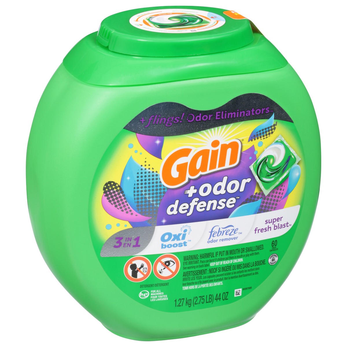 slide 5 of 9, Gain +Odor Defense Oxi Boost Super Fresh Blast Detergent 60 ea, 60 ct
