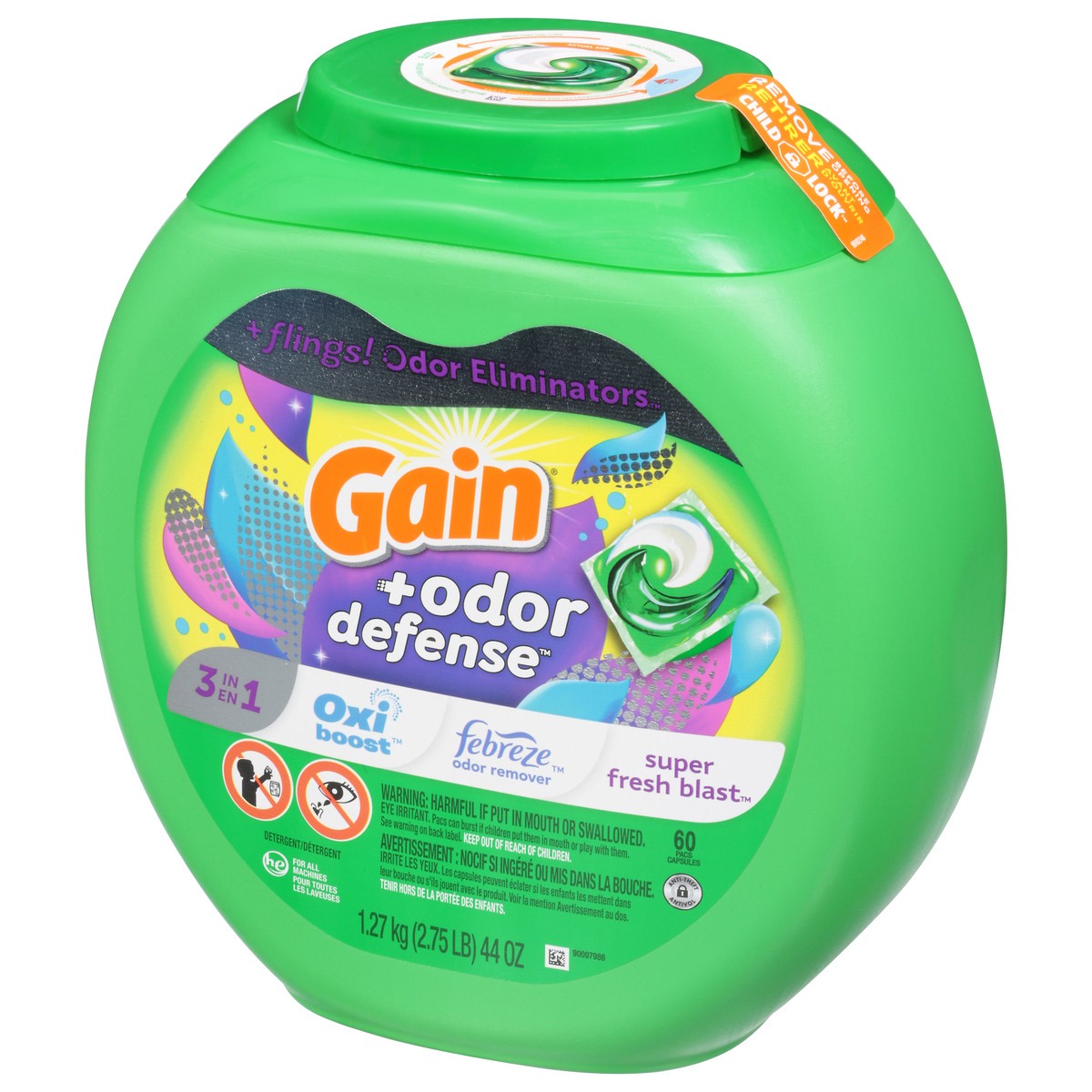 slide 3 of 9, Gain +Odor Defense Oxi Boost Super Fresh Blast Detergent 60 ea, 60 ct