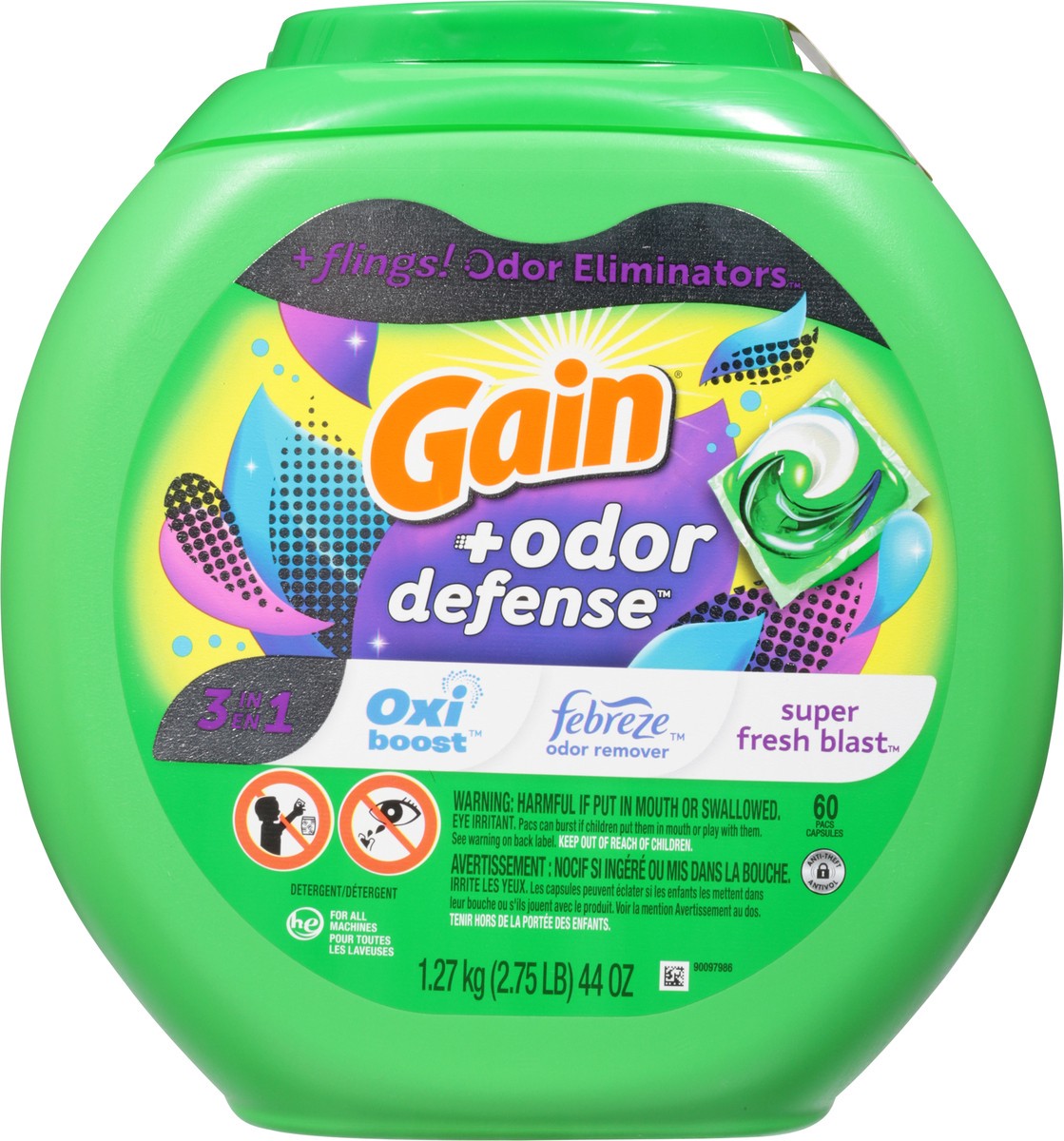 slide 6 of 9, Gain +Odor Defense Oxi Boost Super Fresh Blast Detergent 60 ea, 60 ct