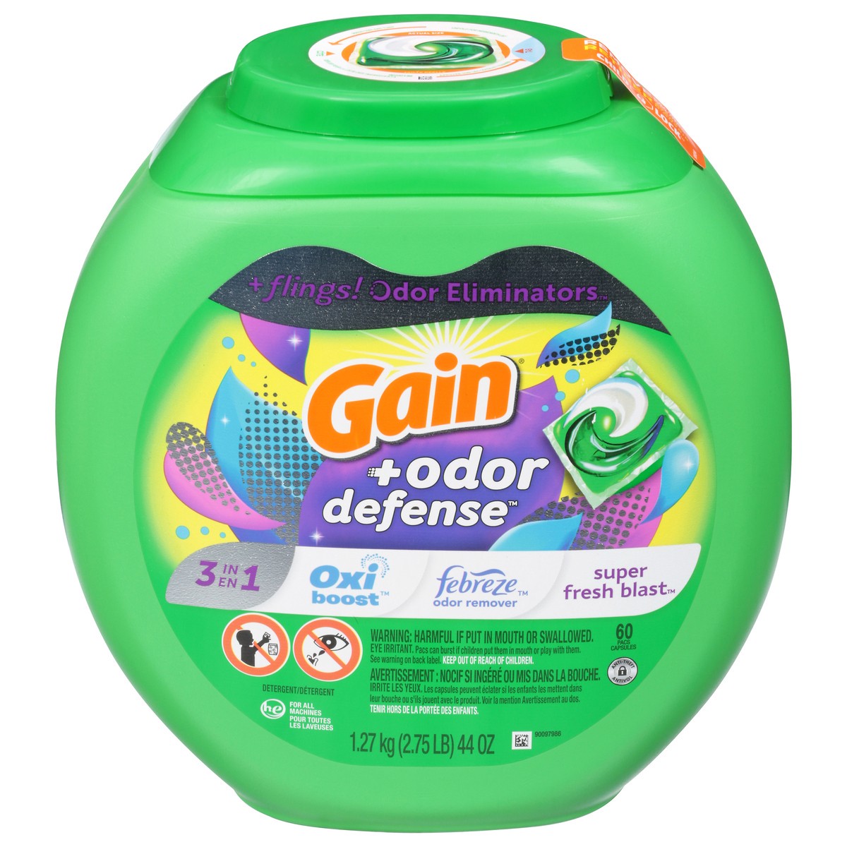 slide 1 of 9, Gain +Odor Defense Oxi Boost Super Fresh Blast Detergent 60 ea, 60 ct