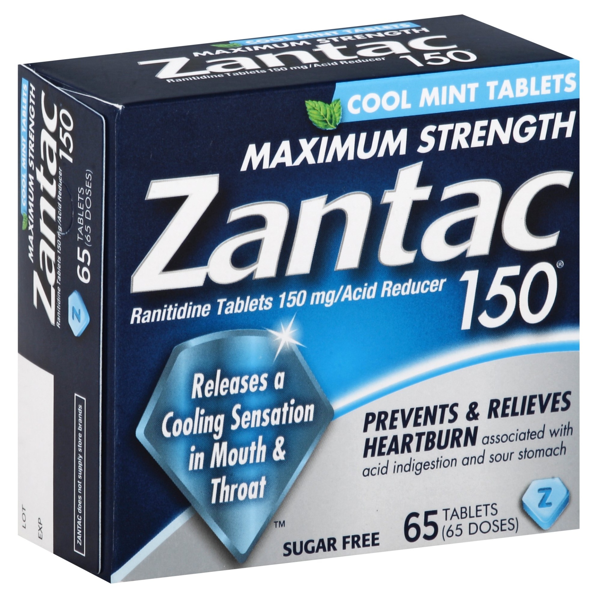 slide 1 of 1, Zantac Cool Mint Maximum Strength Sugar-Free Acid Reducer Tablets, 65 ct