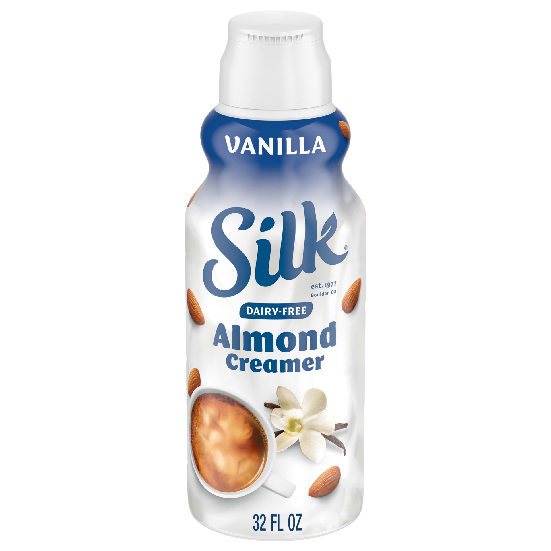 slide 1 of 5, Silk Almond Creamer, Vanilla, Smooth, Lusciously Creamy Dairy Free and Gluten Free Creamer From the No. 1 Brand of Plant Based Creamers, 32 FL OZ Carton, 32 fl oz