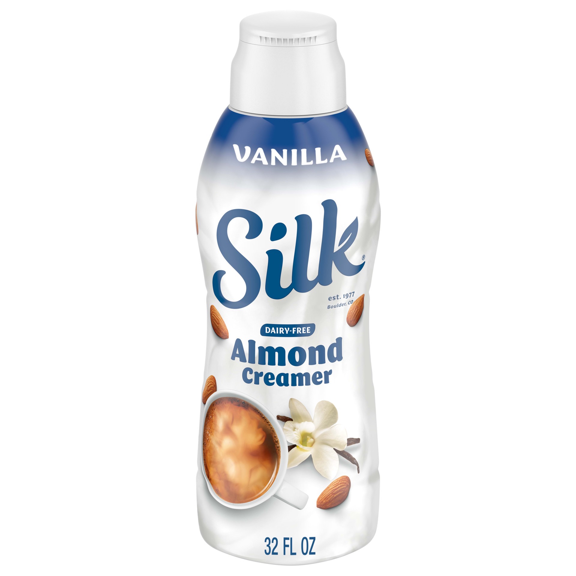 slide 1 of 5, Silk Almond Creamer, Vanilla, Smooth, Lusciously Creamy Dairy Free and Gluten Free Creamer From the No. 1 Brand of Plant Based Creamers, 32 FL OZ Carton, 32 fl oz