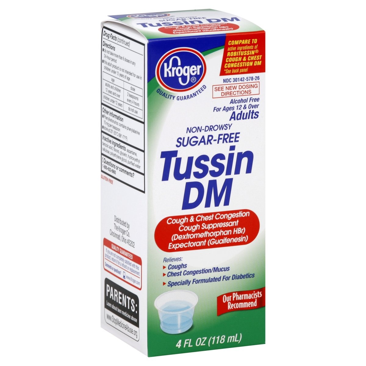 slide 1 of 1, Kroger Non-Drowsy Sugar-Free Tussin Dm, 4 fl oz