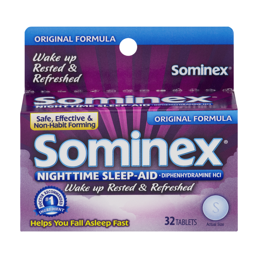 slide 1 of 1, Sominex Nighttime Sleep-Aid with Diphenhydramine HCl 25 mg, Original Formula, 32 ct, 32 ct