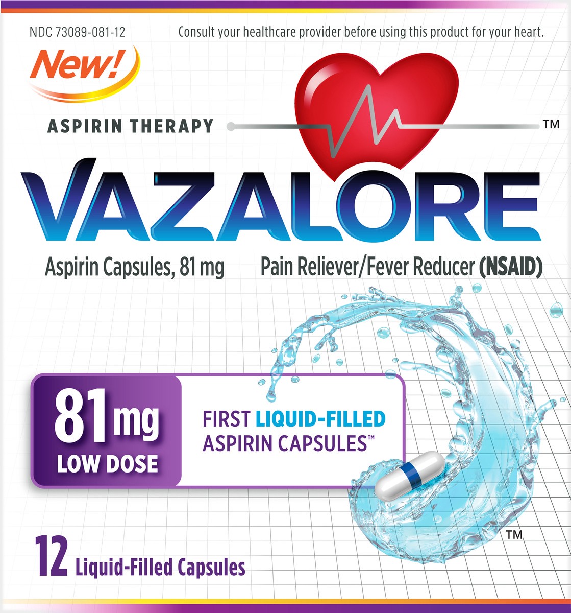 slide 1 of 9, Vazalore Aspirin 81 mg Liquid-Filled Capsules 12 ea, 12 ct