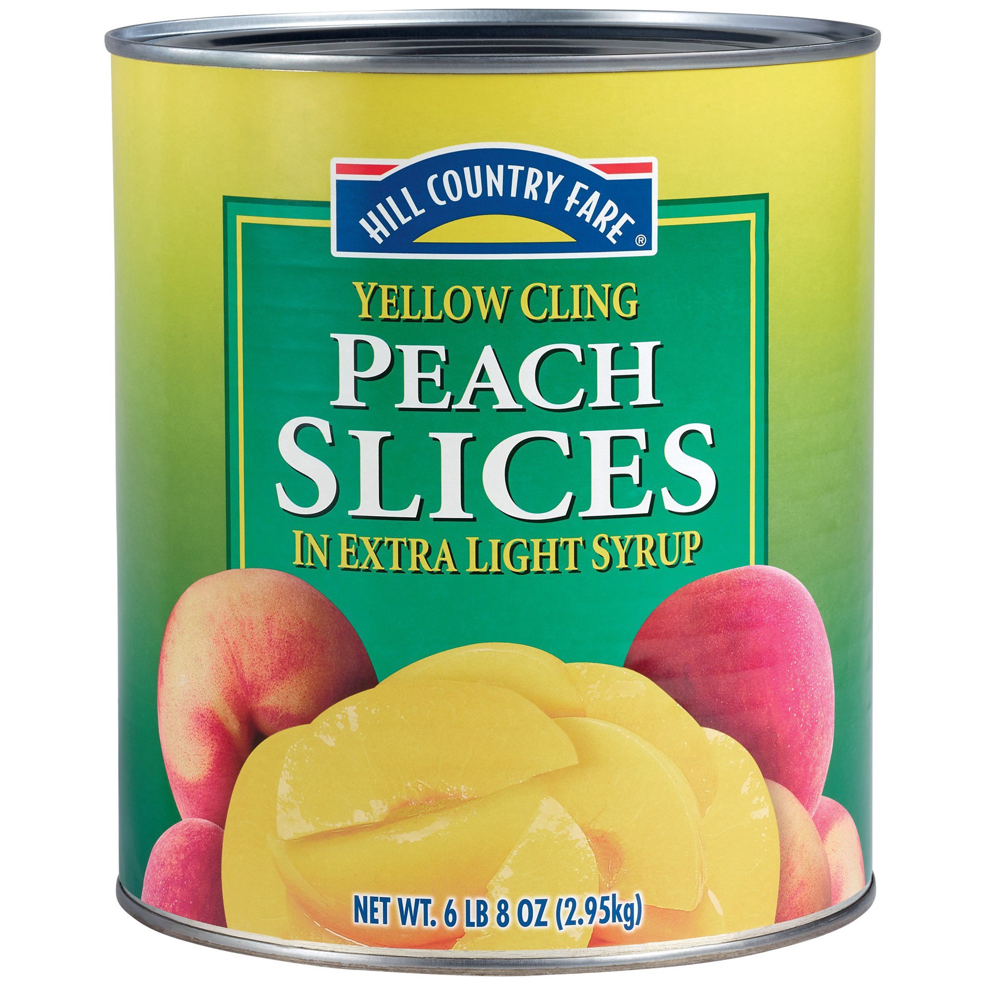 slide 1 of 1, Hill Country Fare Yellow Cling Peach Slices in Extra Light Syrup, 106 oz