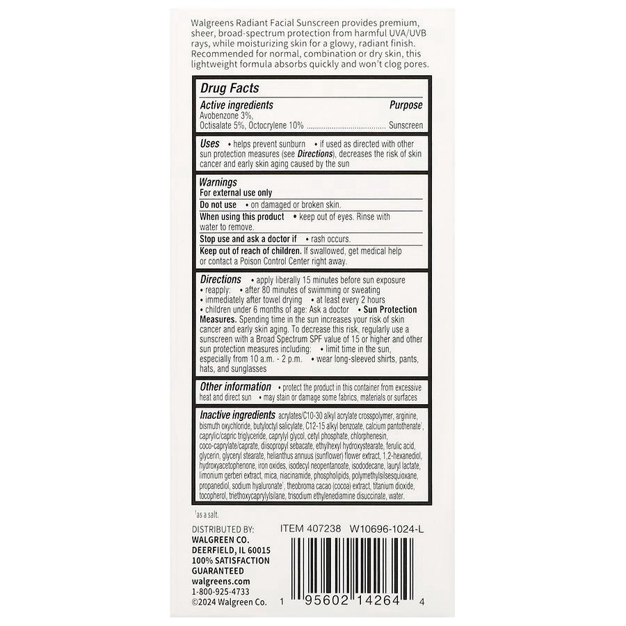 slide 2 of 3, Walgreens Radiant Facial Sunscreen SPF 40, 1.7 fl oz