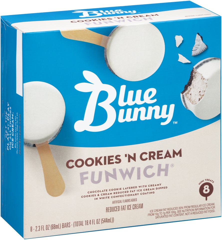 slide 1 of 4, Blue Bunny Cookies'n Cream Funwich Ice Cream, 8 ct; 2.3 fl oz