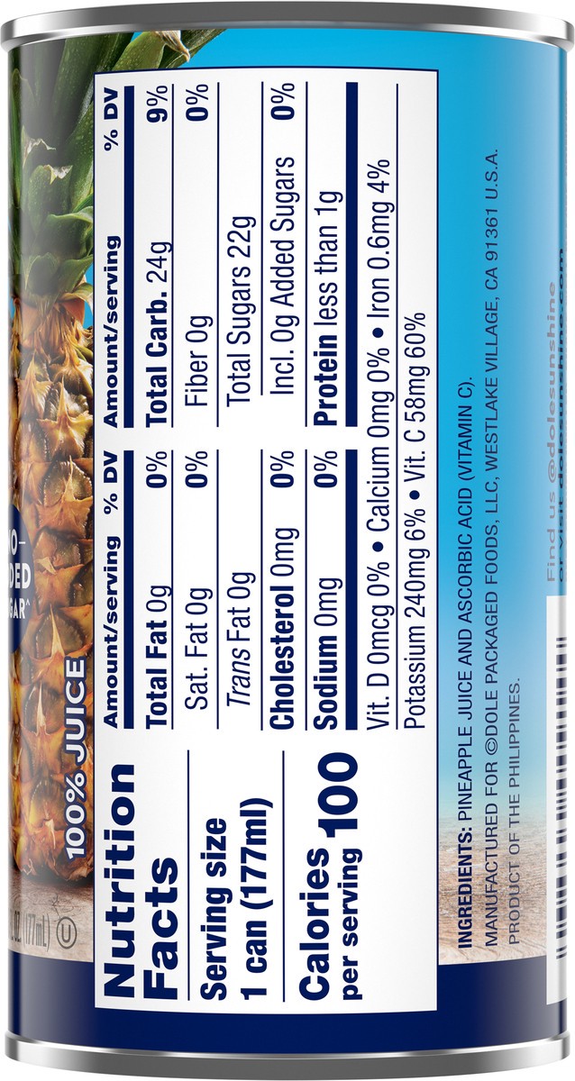 slide 5 of 9, Dole Pineapple 100% Juice 6 fl oz, 6 fl oz