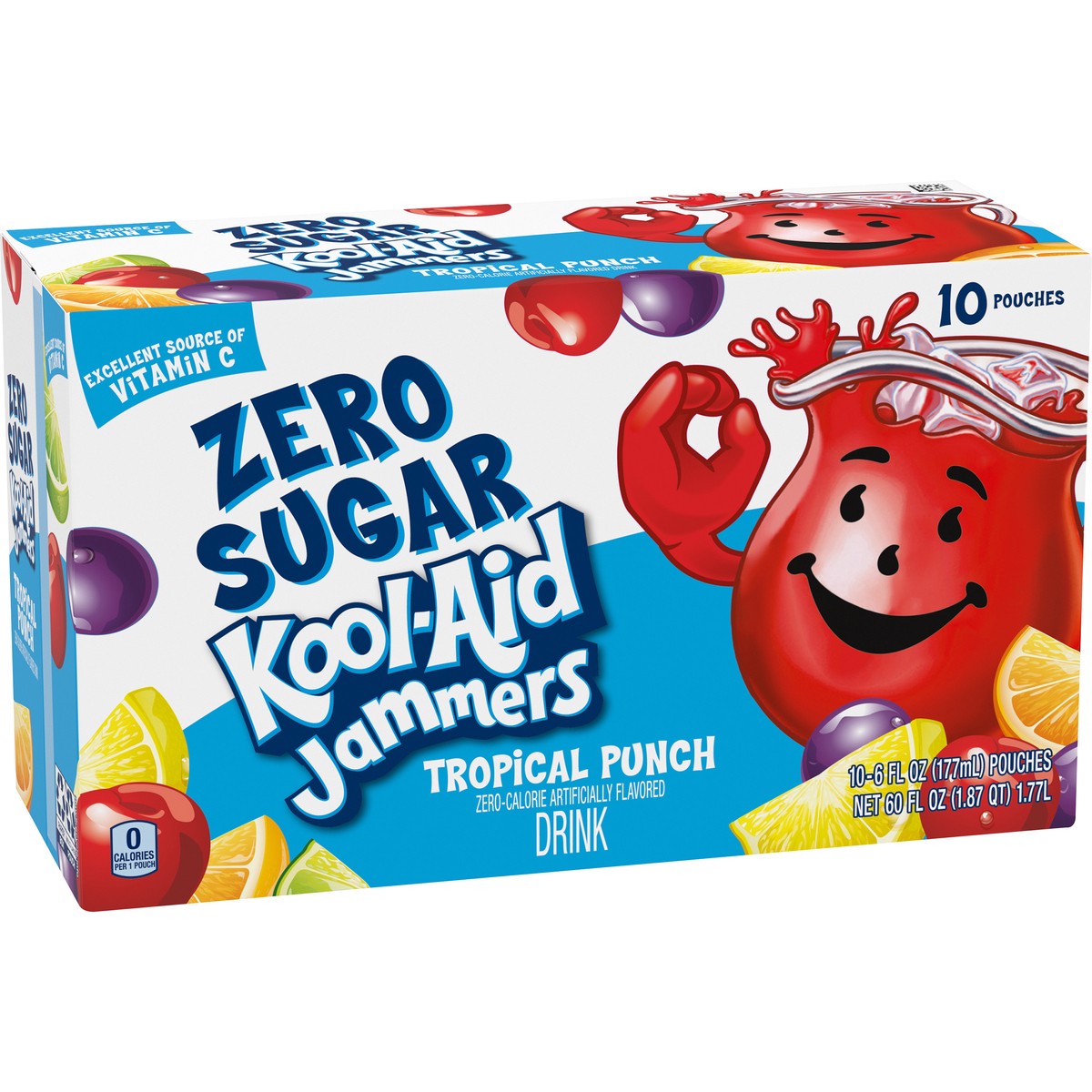 slide 9 of 9, Kool-Aid Jammers Tropical Punch Zero Sugar Artificially Flavored Soft Drink, 10 ct Box, 6 fl oz Pouches, 10 ct