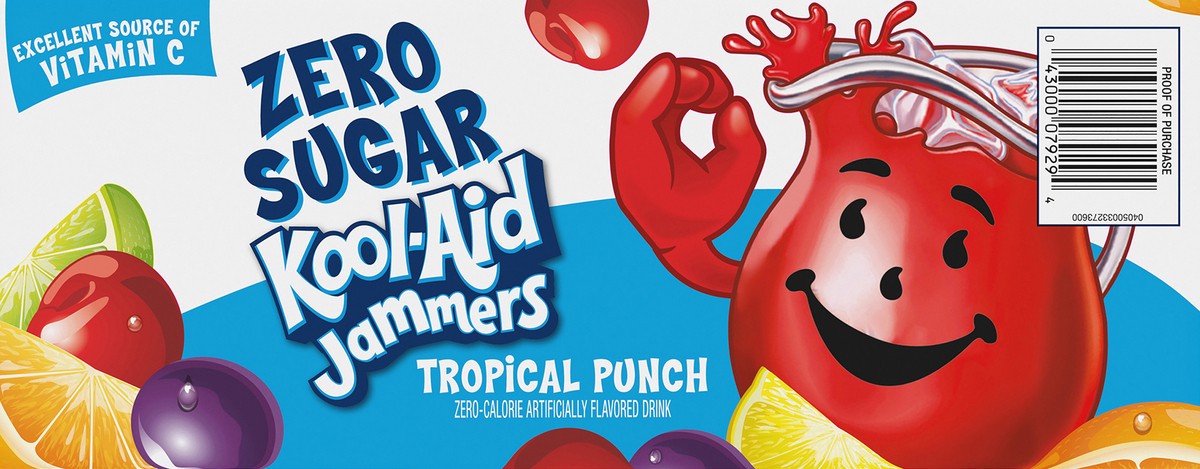 slide 3 of 9, Kool-Aid Jammers Tropical Punch Zero Sugar Artificially Flavored Soft Drink, 10 ct Box, 6 fl oz Pouches, 10 ct