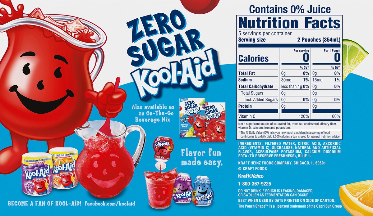 slide 2 of 9, Kool-Aid Jammers Tropical Punch Zero Sugar Artificially Flavored Soft Drink, 10 ct Box, 6 fl oz Pouches, 10 ct