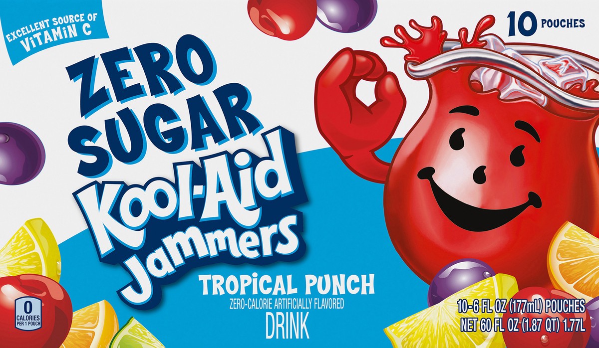 slide 4 of 9, Kool-Aid Jammers Tropical Punch Zero Sugar Artificially Flavored Soft Drink, 10 ct Box, 6 fl oz Pouches, 10 ct
