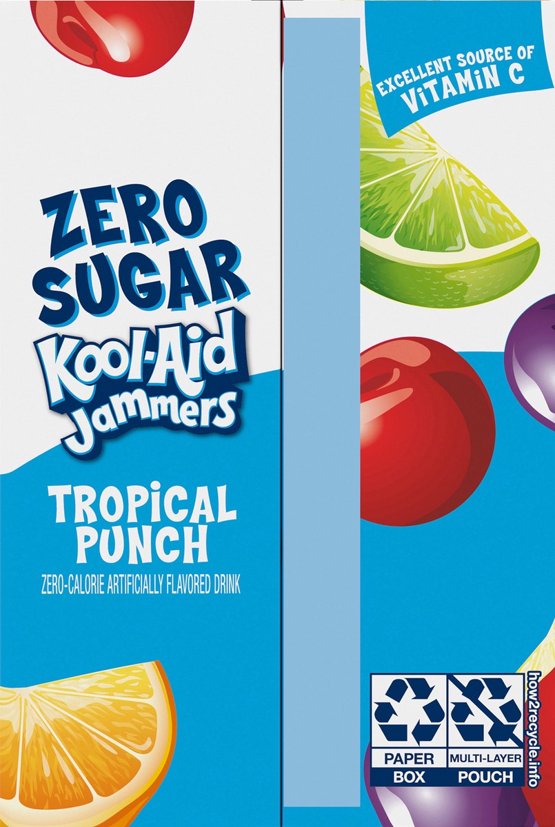 slide 7 of 9, Kool-Aid Jammers Tropical Punch Zero Sugar Artificially Flavored Soft Drink, 10 ct Box, 6 fl oz Pouches, 10 ct