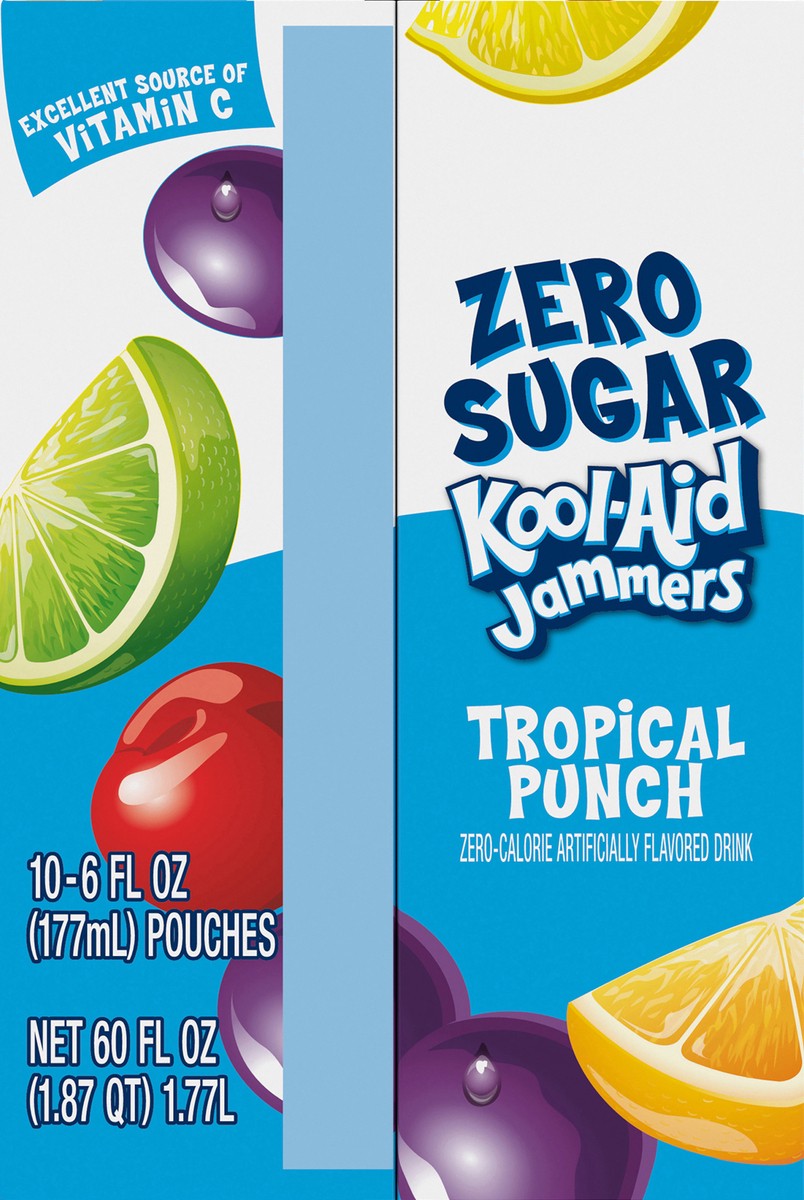 slide 5 of 9, Kool-Aid Jammers Tropical Punch Zero Sugar Artificially Flavored Soft Drink, 10 ct Box, 6 fl oz Pouches, 10 ct