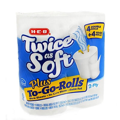 slide 1 of 1, H-E-B Twice As Soft 2-ply Plus To-Go-Rolls Double Roll Bath Tissue, 4 ct