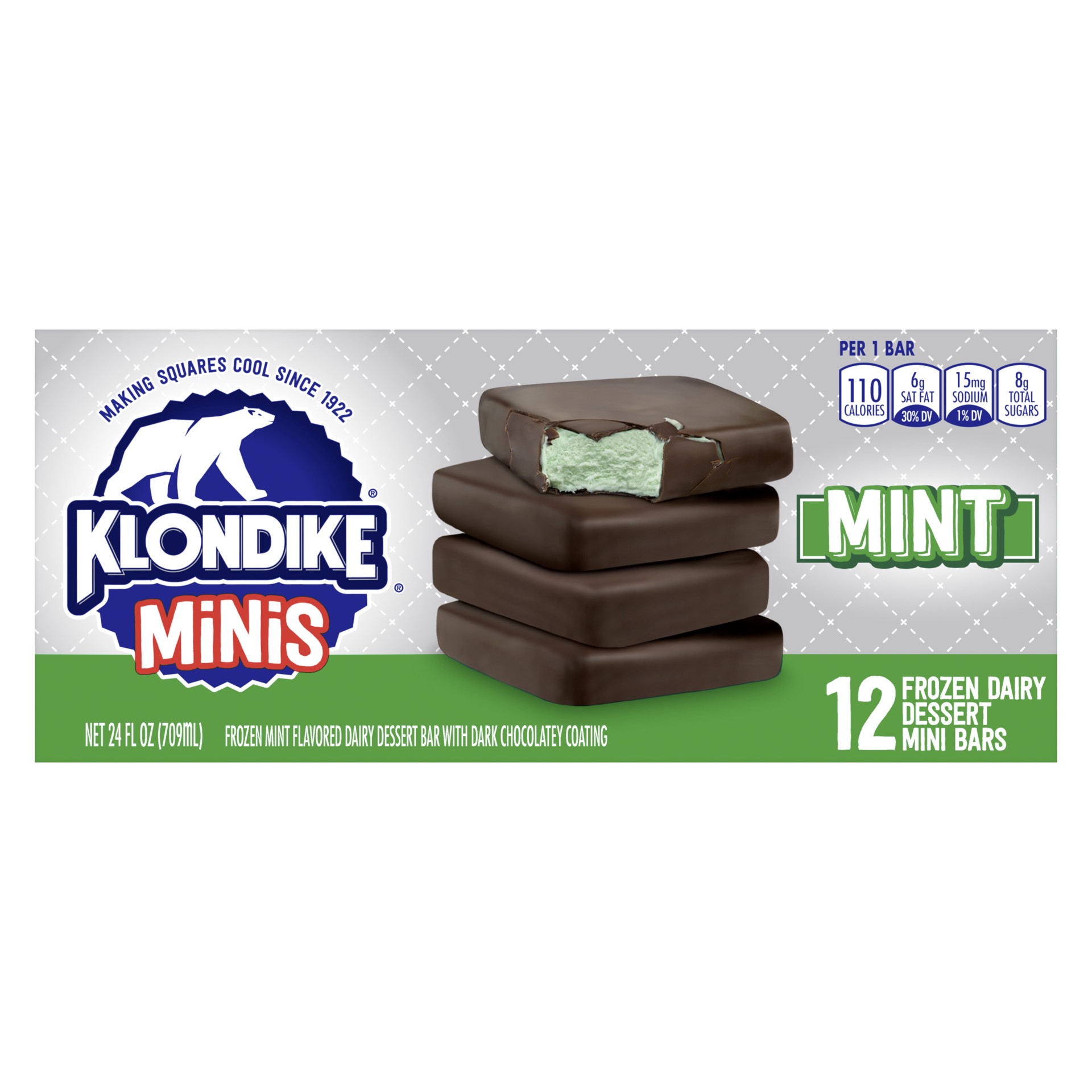 slide 1 of 4, Klondike Frozen Dairy Dessert Bars Mint Chocolate Mini, 2 fl oz, 12 Count, 2 fl oz