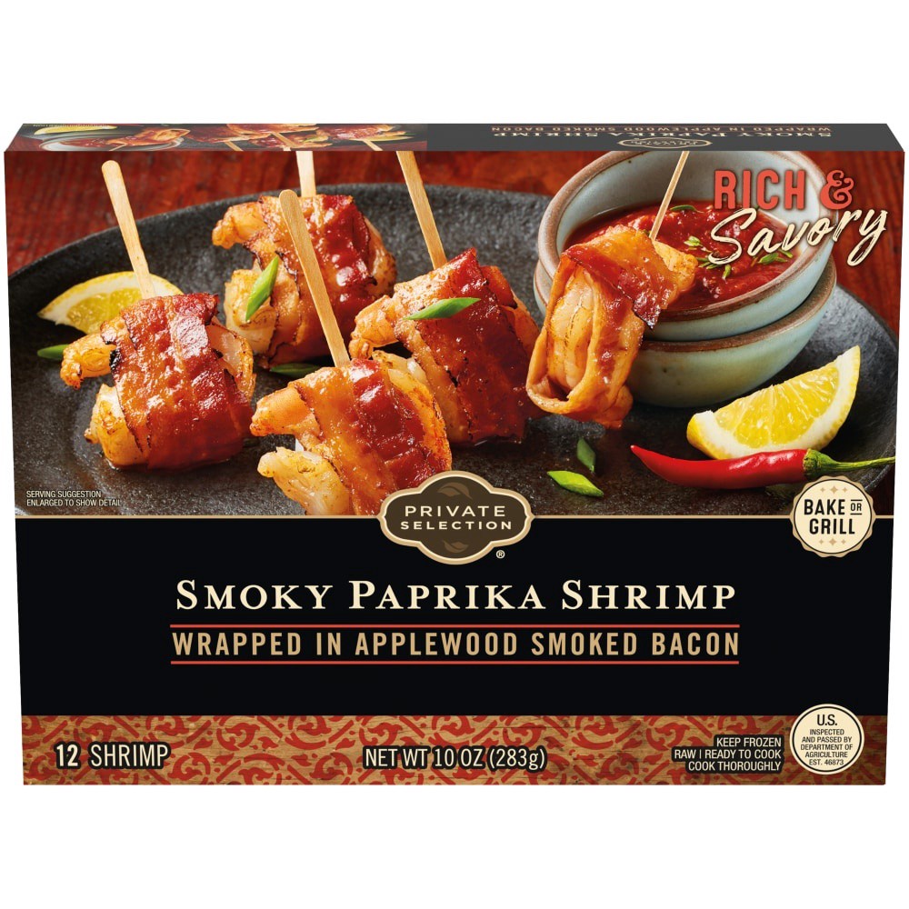 slide 3 of 3, Private Selection Applewood Smoked Bacon Wrapped Smoky Paprika Shrimp, 12 ct; 10 oz